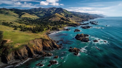 Fototapeta premium Breathtaking Aerial Scene of the Rugged Sonoma Coastline on a Spring Day near Jenner, California