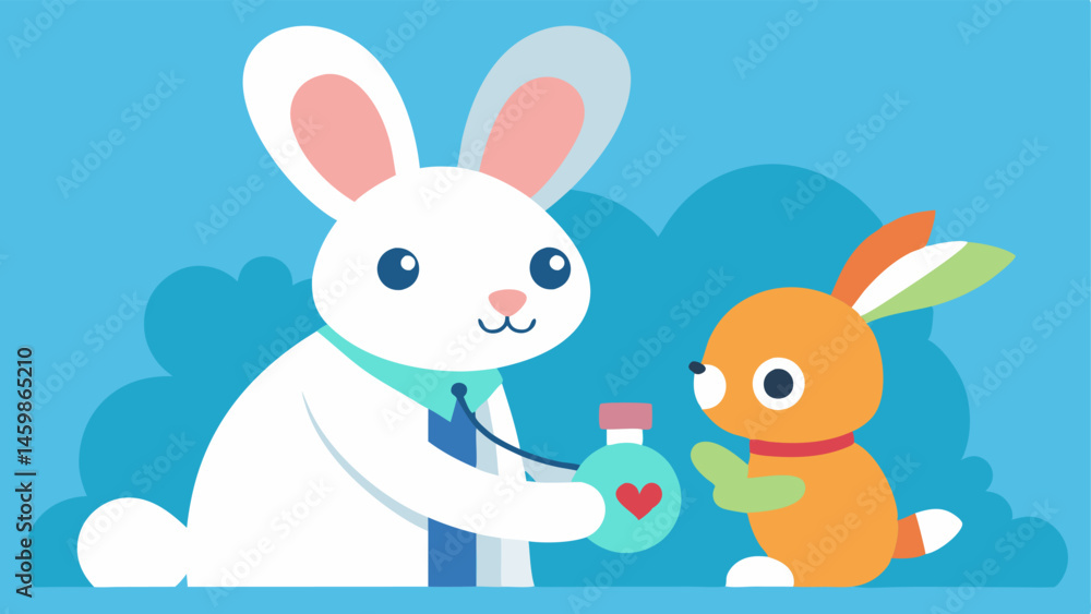 Poster playful examination the rabbit doctor is depicted playfully examining a little bunny both wearing ey