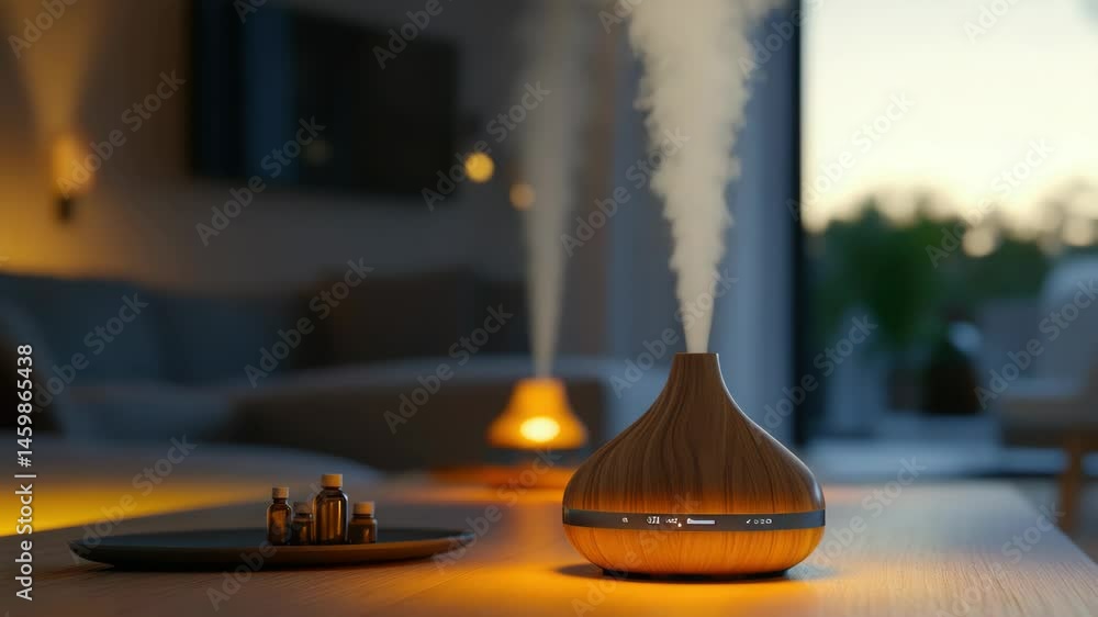 Poster a simple wooden diffuser sitting on a wooden table, great for use in meditation or yoga spaces