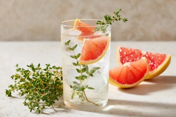 Refreshing grapefruit and thyme infused water with ice cubes in a glass