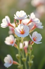 Naklejka premium Close-up of white Gaura biennis flowers with pink accents. Delicate petals. Green blurred background. Blooming in spring. Gaura wildflower blossoms in garden.