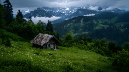 A wooden house with a thatched roof surrounded by green alpine meadows, with distant mountain ranges covered in snow in the background.