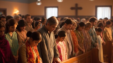 Indian church congregation in prayer, showcasing devotion and spiritual unity in modest surroundings