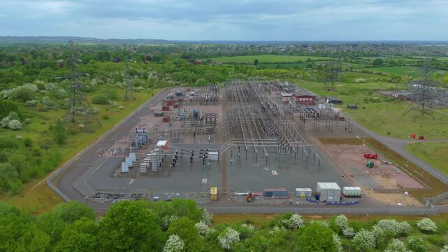 Aerial drone view power plant station sub station electricity renewables relay UK England Biggleswade energy generation