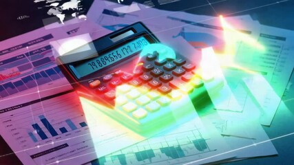 calculator financial document. zooms numbers equations begin calculator merging colorful graphs. graphs grow patterns, market trends. visual every press calculator’s keys triggers significant data - Powered by Adobe