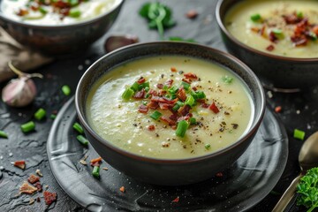 creamy soup of cabbage and leeks served with crunchy bacon topping in modern gourmet style using soft shadows and styled surface for high end food presentation