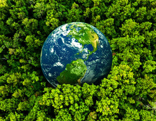 The Earth Is Nestled In A Vibrant Green Forest Symbolizing The Environment And Earth Day Concept