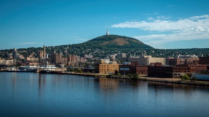 Obraz premium Scenic View of Duluth, Minnesota: A Vibrant City Landscape Showcasing the Seaport and Hills of America's Midwest