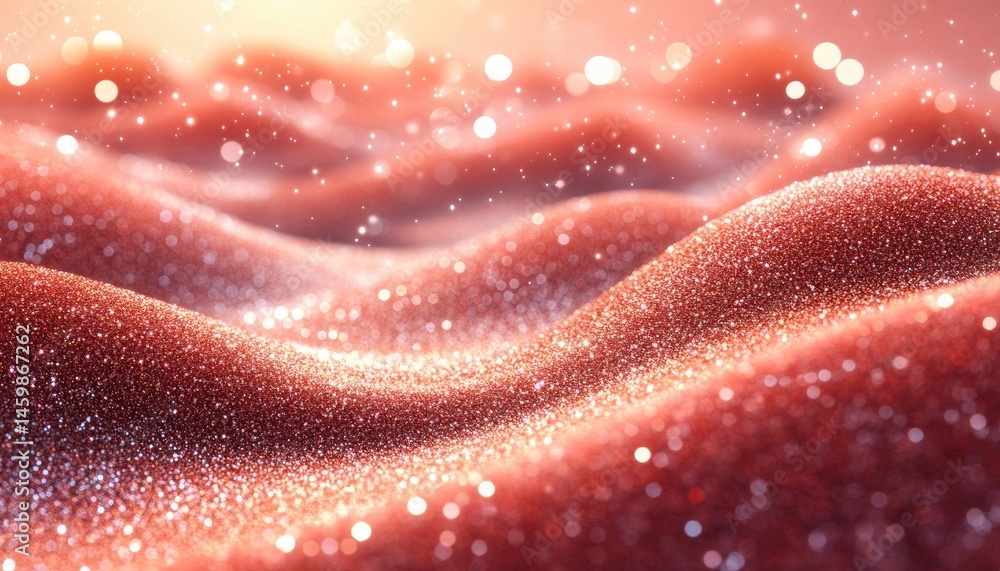 Poster abstract glittering red coral fabric, shiny texture with sparkling bokeh background