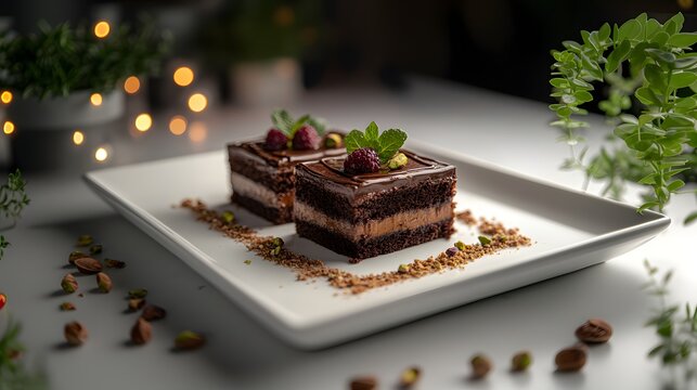 Moist chocolate layer cake slice with drizzle and curls