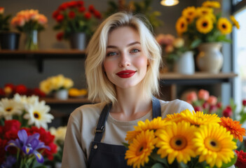 Naklejka premium beautiful young woman florist holding bouquet of yellow gerberas in her flower shop