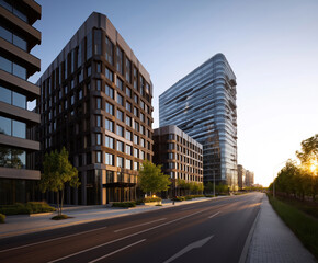 Modern urban buildings reflecting sunlight on a busy city street near sunset