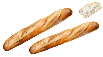 Two baguettes and a slice of bread isolated against a plain transparent background view