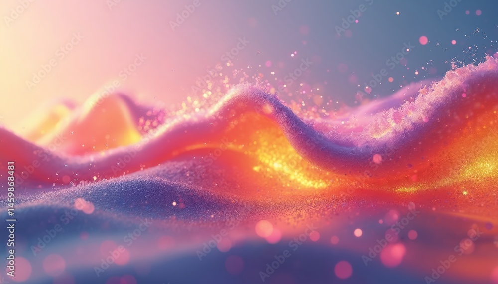 Poster colorful abstract wave with glowing particles in motion. dynamic energy flow. vibrant orange purple 
