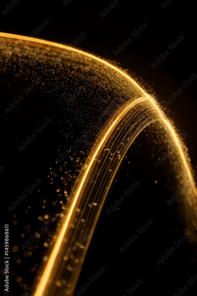 Poster glowing golden arc of intertwined light trails with floating particles curving smoothly across black