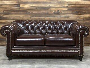 Obraz premium Elegant Brown Leather Chesterfield Sofa Against Wooden Wall