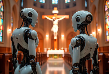 Humanoid robot in a church facing altar with crucifix &ndash; concept of AI, faith, and future spirituality