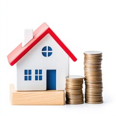 House Model with Coins Stacked for Real Estate and Investment Concepts