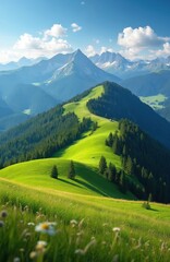 Obraz premium Vibrant summer landscape with green mountains, blue sky. Picturesque view of Alps, green hills, and peaks. Nature, travel, vacation. Scenic environment with sunlight, hiking routes, forest, meadow.