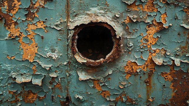 Close-up of rusty teal metal surface with flaking paint and circular hole showing orange rust