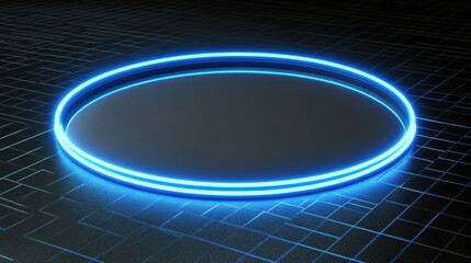 Glowing round digital blue interface on dark grid background with mock up place. HUD, innovation, digital transformation and data concept. 3D Rendernig illustration , no logos, no brands