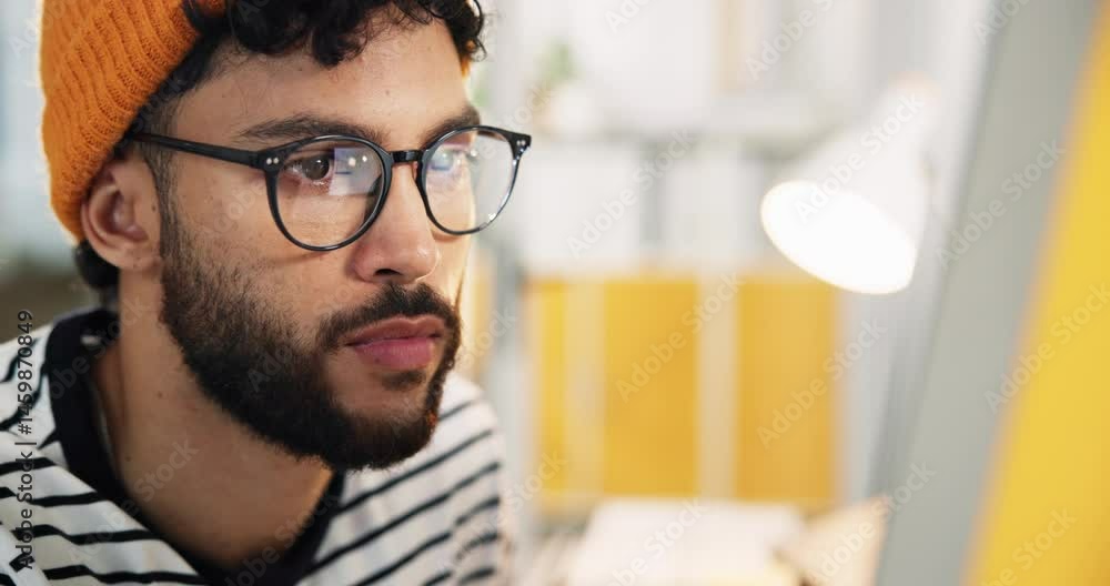 Poster Creative man, web designer and glasses with computer for software development, coding or online update. Male person, employee or programmer with technology for research, new app or design at office