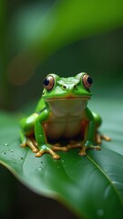 Naklejka premium Jungle frog resting on wet green leaf, Vibrant detail in tropical close-up, Moist textures and rainforest humidity, Tiny life in vast wild world
