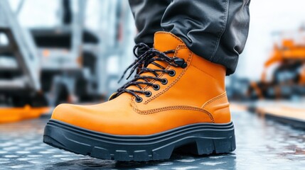 Bright Orange Safety Boots on Industrial Surface with Worker in Background