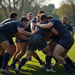 Fototapeta premium Shadows of Intensity: Unveiling the Subtle Emotions in a Rugby Scrum