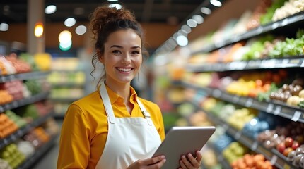 Smiling young woman with curly hair and an apron, working in a grocery store with fresh produce.