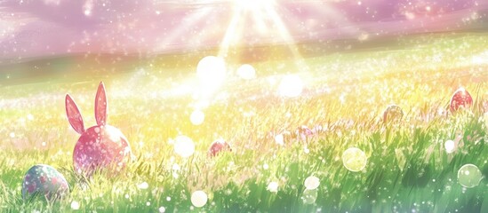 Easter meadow with bunny and eggs, bathed in sunlight