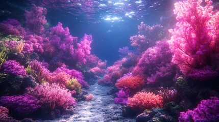 Naklejka premium Vibrant reef teeming with life, neon-colored corals glowing under soft underwater lighting 