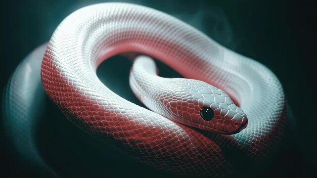 A red and white snake coiled around itself against a dark, matte finish background