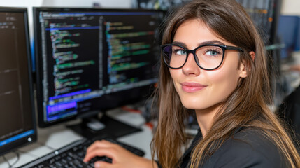 Professional woman in blazer is coding on computer in low light environment, showcasing her focus and expertise in programming. atmosphere is tech oriented and modern, reflecting dynamic workspace