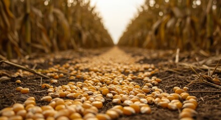 Obraz premium Perspective view across a harvested cornfield with scattered grains and stalks