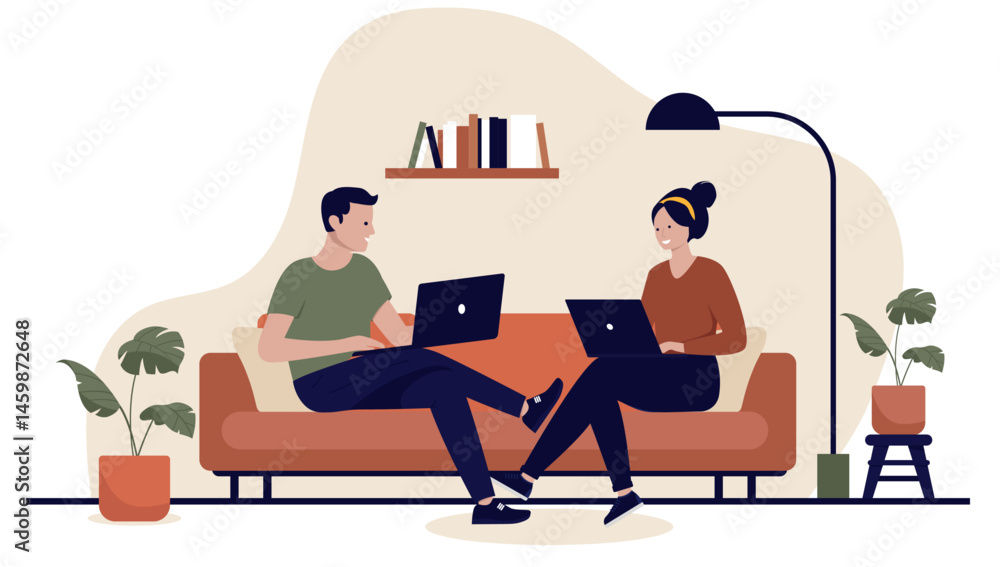 Aufkleber Couple using computer while sitting in couch at home - Two people with laptops relaxing or working from home in living room together. Flat design vector illustration isolated on white background