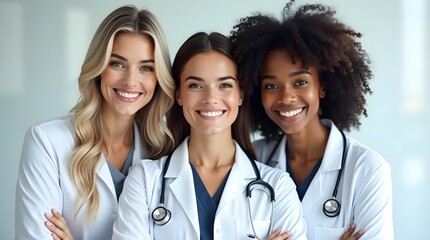Three women in white lab coats smiling confidently, showcasing teamwork in a healthcare setting.