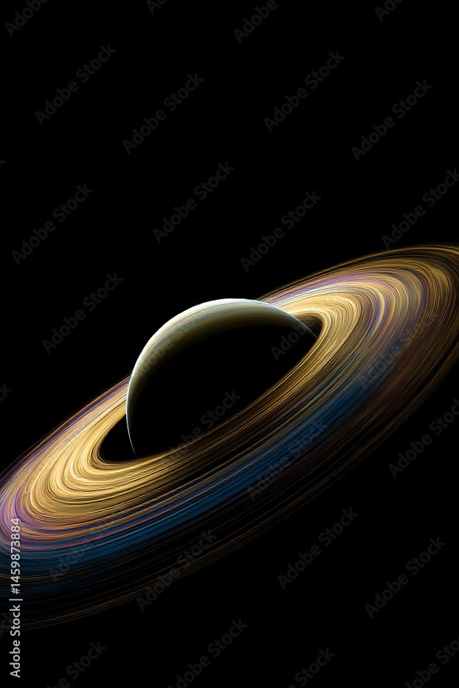 Poster enigmatic planet surrounded by swirling dust rings on dark backdrop with vibrant colors and minimali