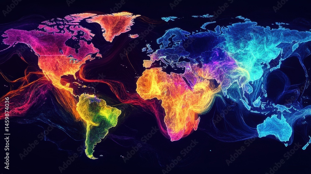Poster abstract map of continents. globalization and geopolitics in high-tech world of future. 3d illustrat