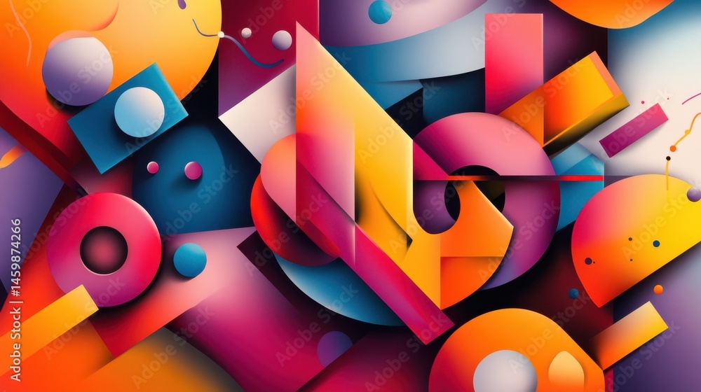 Poster colorful geometric abstract. design with overlapping shapes creating a vibrant and dynamic compositi