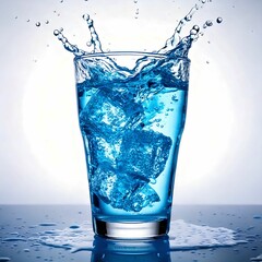 Blue Beverage Splash with Floating Ice Cubes on Light Background