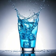 Blue Drink Splash with Ice Cubes in Tall Glass on White Background