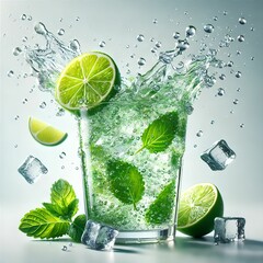 Lime and Mint Sparkling Water Splash with Ice Cubes in Fresh Concept