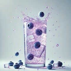 Blueberry Sparkling Water Splash with Ice Cubes in Tall Glass