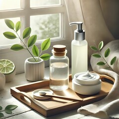 Natural Skincare Set with Cream, Toner and Pump Bottle on Wooden Tray by Window