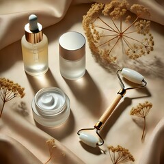 Luxury Skincare Set with Face Roller and Cream on Satin Fabric Background