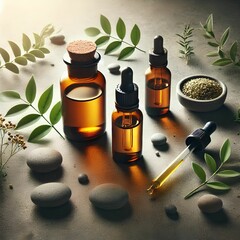 Natural Essential Oil Bottles with Leaves and Stones in Organic Setting