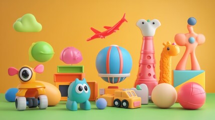 Fototapeta premium A Colorful World of Toys: Joyful 3D Render of Playful Childrens' Toys