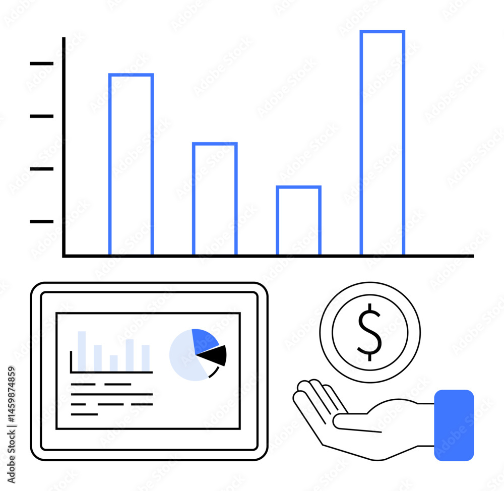 Poster bar chart representing data trends, tablet with pie chart and text, open hand with currency represen