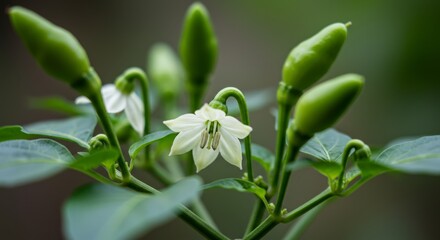 Obraz premium Delicate white chili pepper flower amidst developing green peppers on the plant